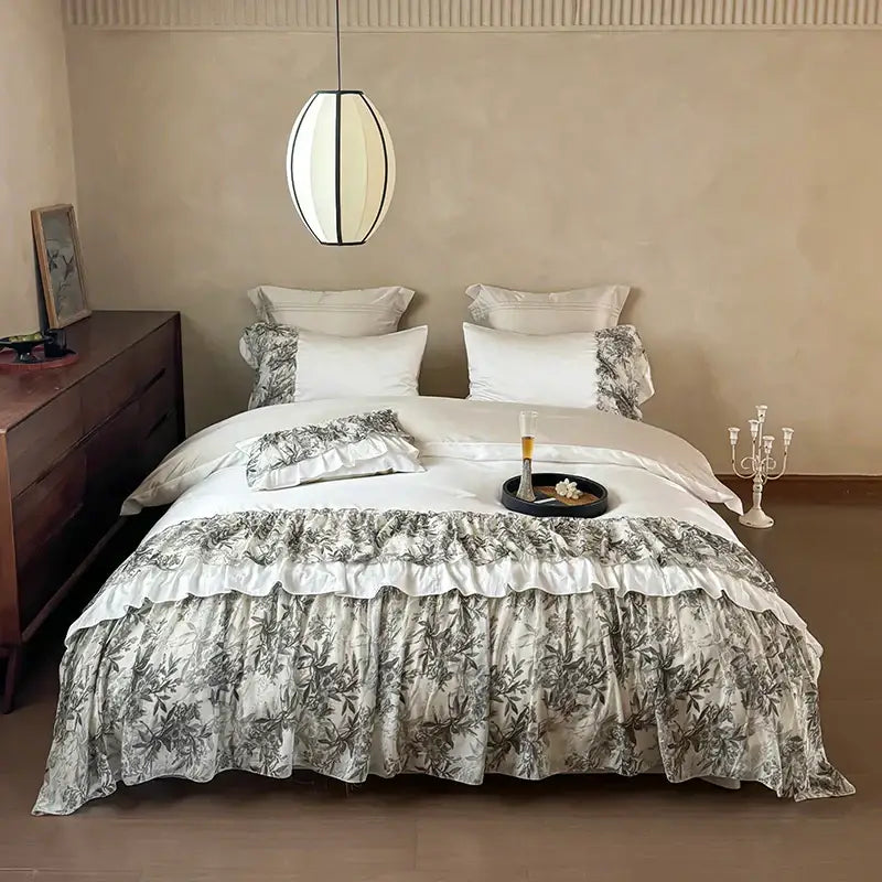 Luxe gray botanical lace ruffles wedding bedding set bedroom