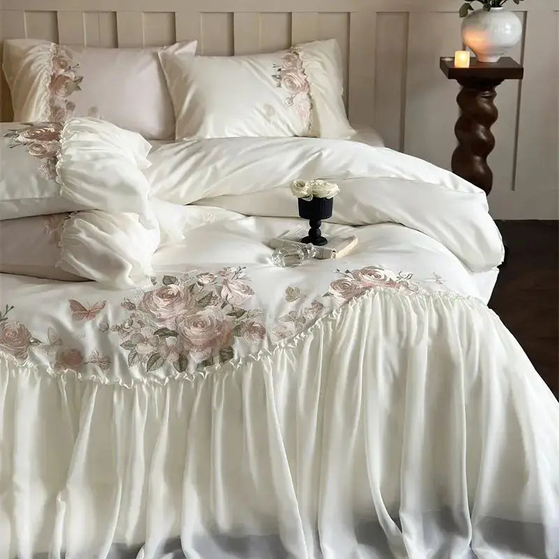 Luxe lace ruffles white & pink floral bedding set bedroom duvet