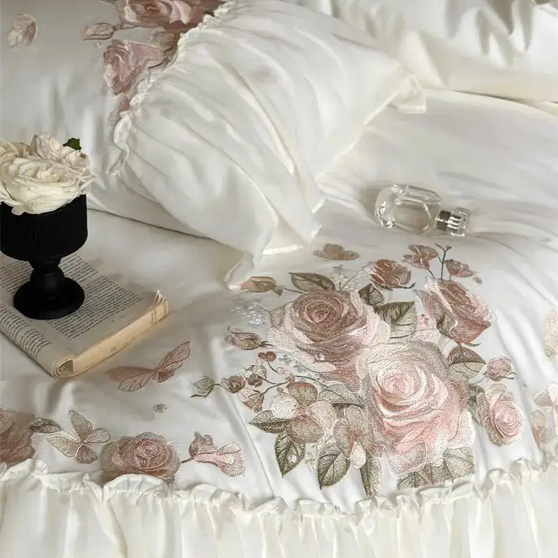 Luxe lace ruffles white & pink floral bedding set bedroom duvet