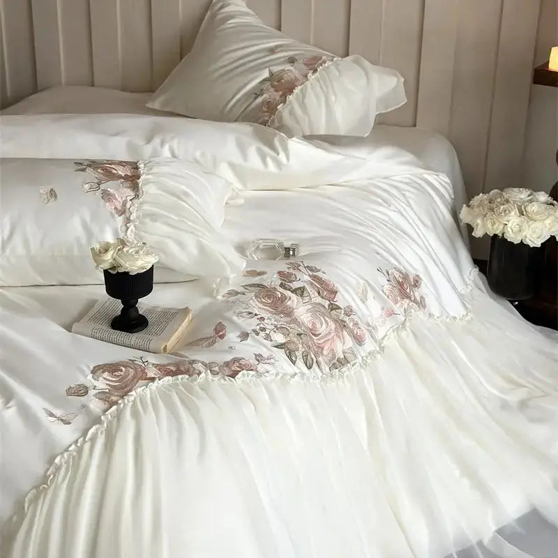 Luxe lace ruffles white & pink floral bedding set bedroom duvet