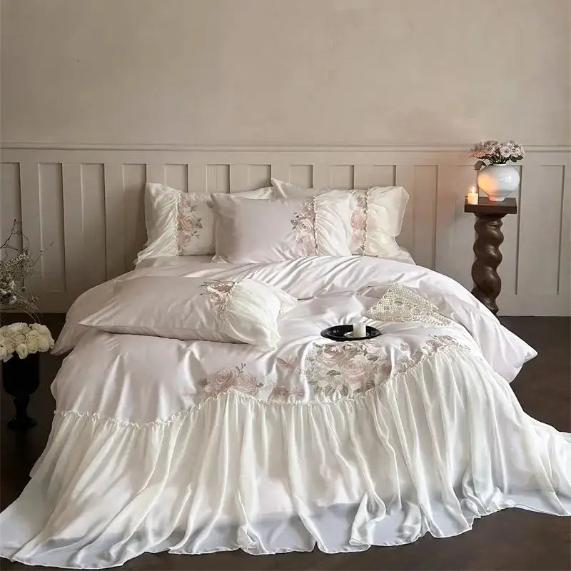 Luxe lace ruffles white & pink floral bedding set bedroom duvet