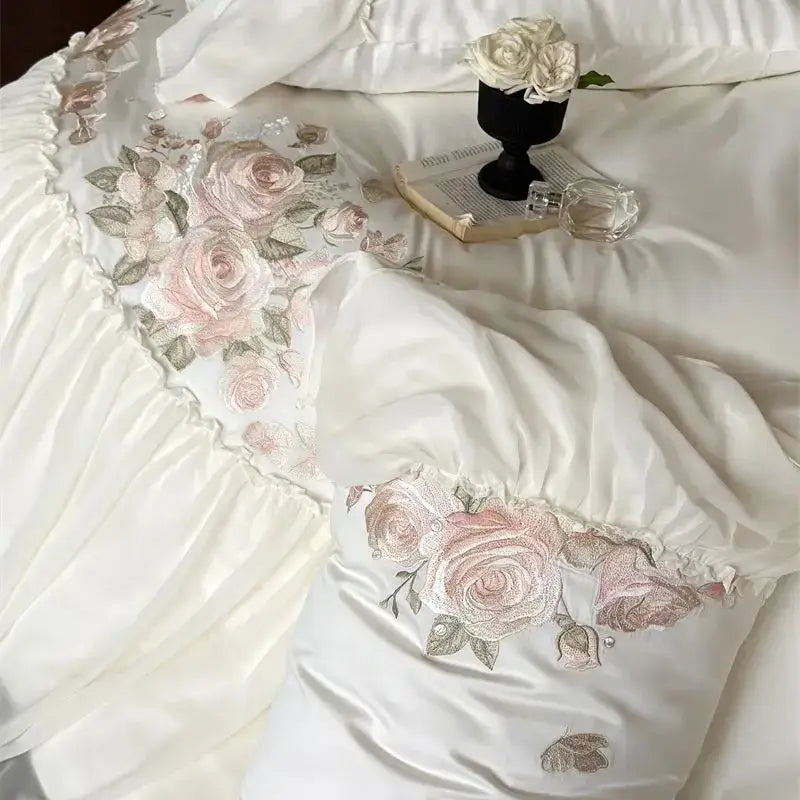 Luxe lace ruffles white & pink floral bedding set bedroom duvet