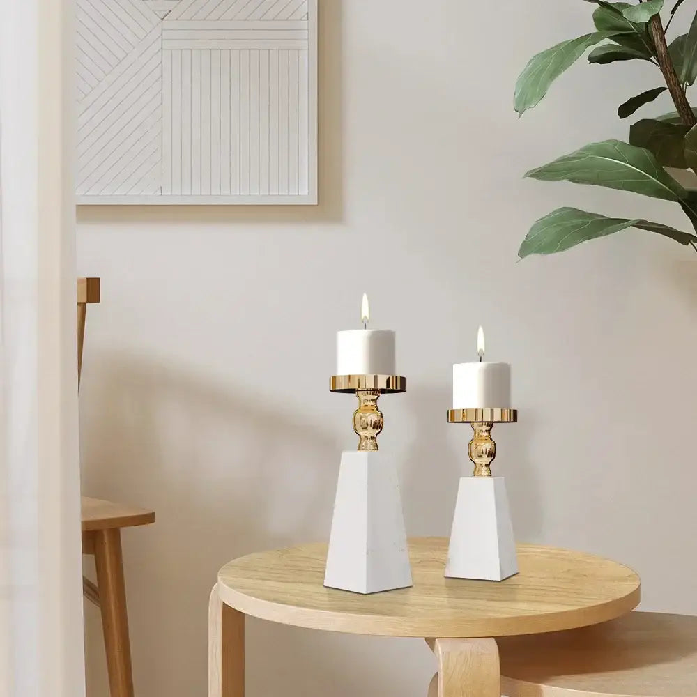 Modern white marble candle holder gold accents dining room decor