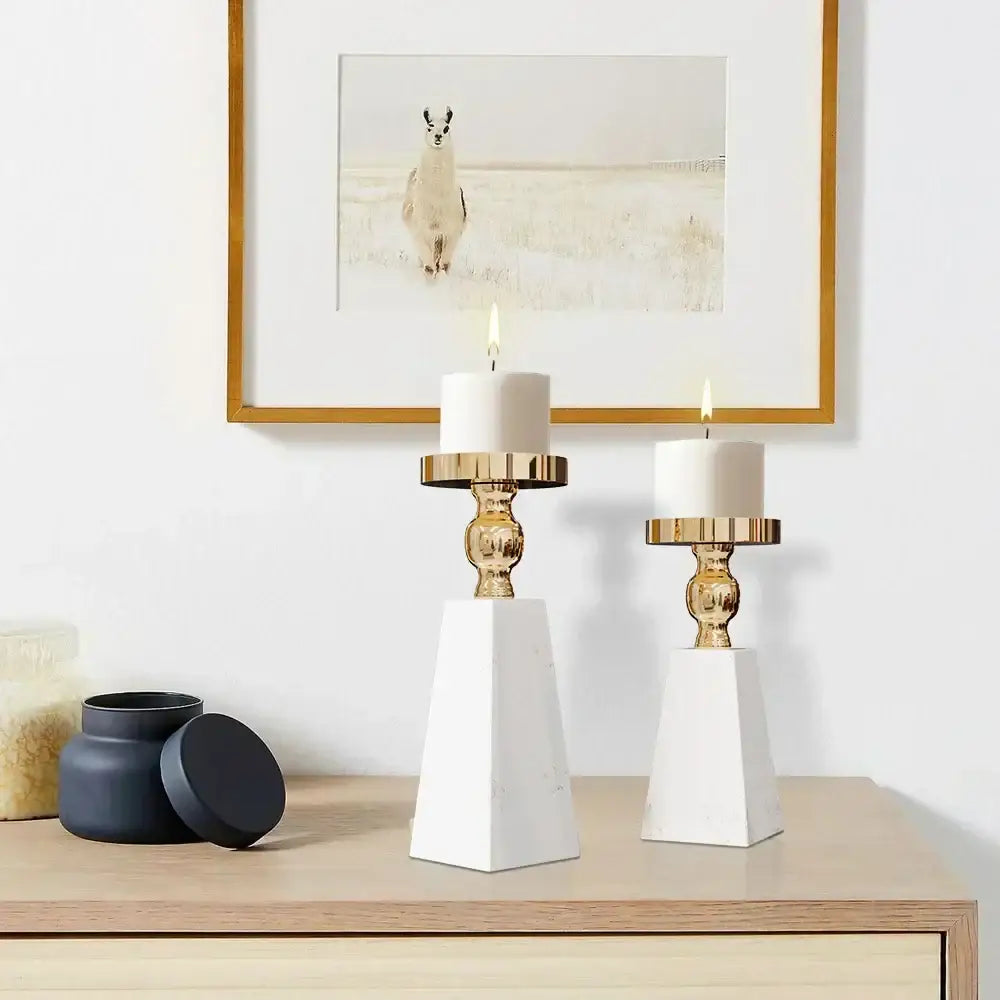 Modern white marble candle holder gold accents dining room decor