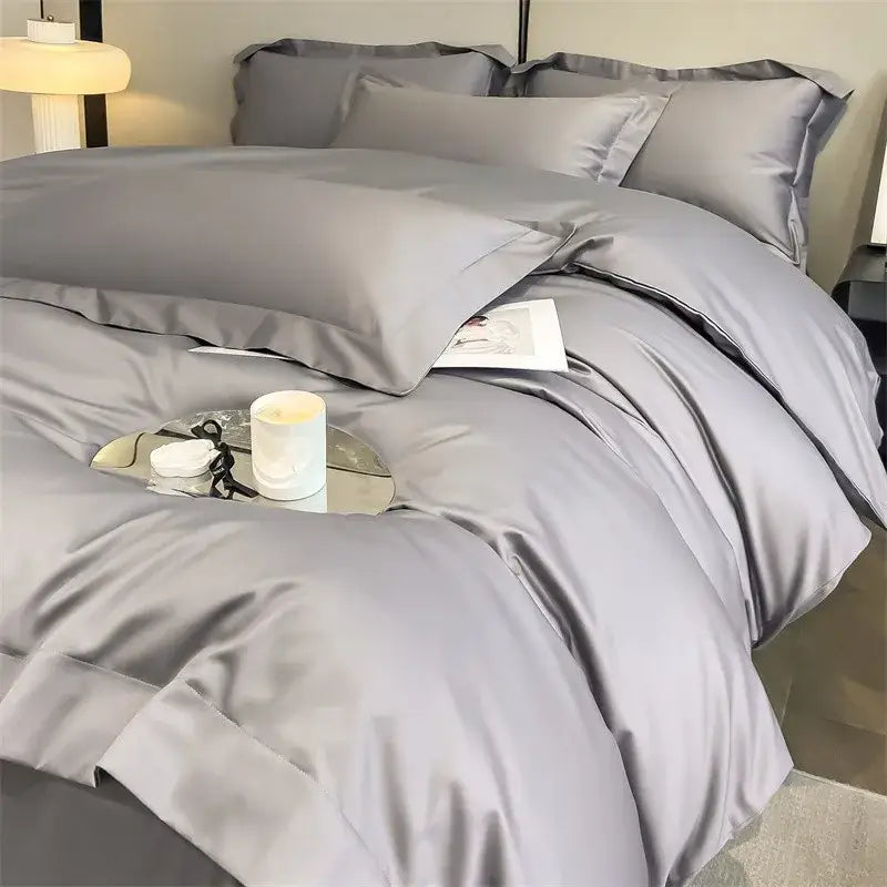 Luxurious light blue satin 3 piece duvet cover bedroom bedding set
