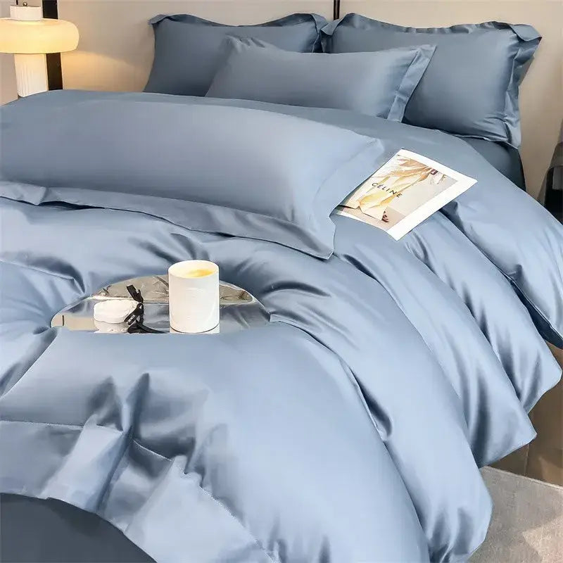 Luxurious light blue satin piece duvet cover set bedroom bedding