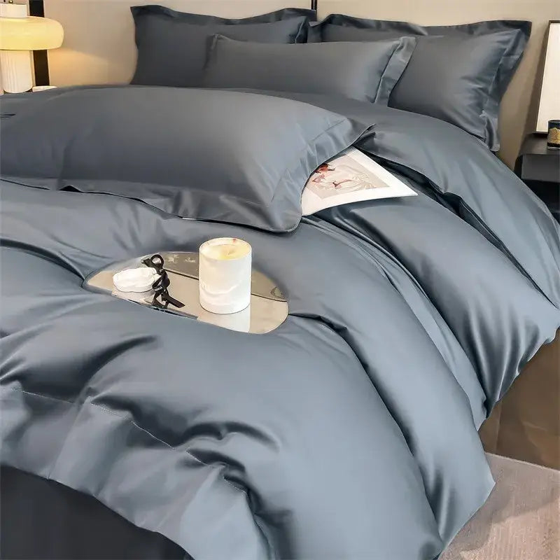 Luxurious gray satin duvet cover set bedroom stitched bedding