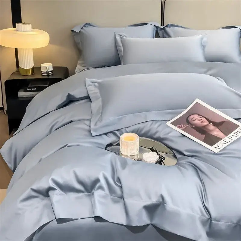 Luxurious silver gray satin duvet cover set bedroom bedding