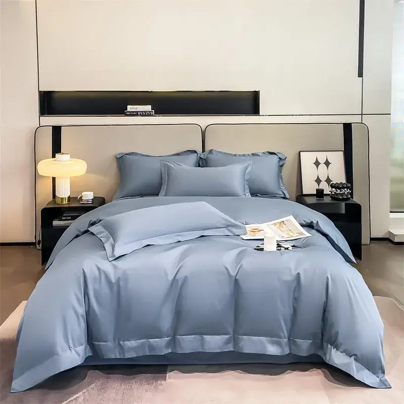 Luxurious light blue satin duvet cover set bedroom bedding
