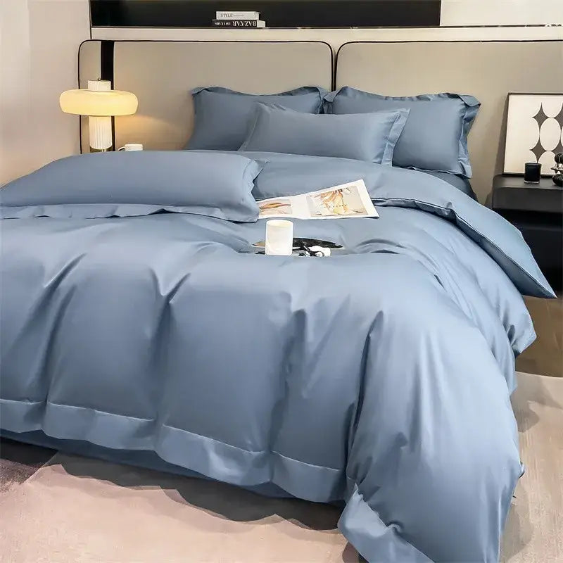 Luxurious light blue satin duvet cover set bedroom bedding