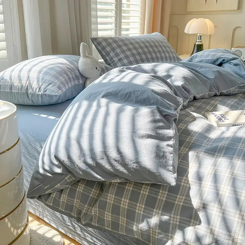 Luxurious blue & white plaid bedding set bedroom duvet cover