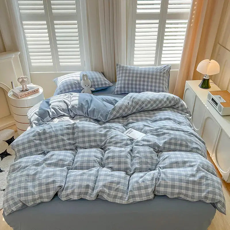 Luxurious blue & white plaid bedding set bedroom duvet cover