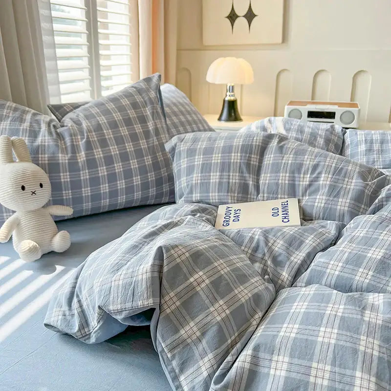 Luxurious blue & white plaid bedding set bedroom duvet cover