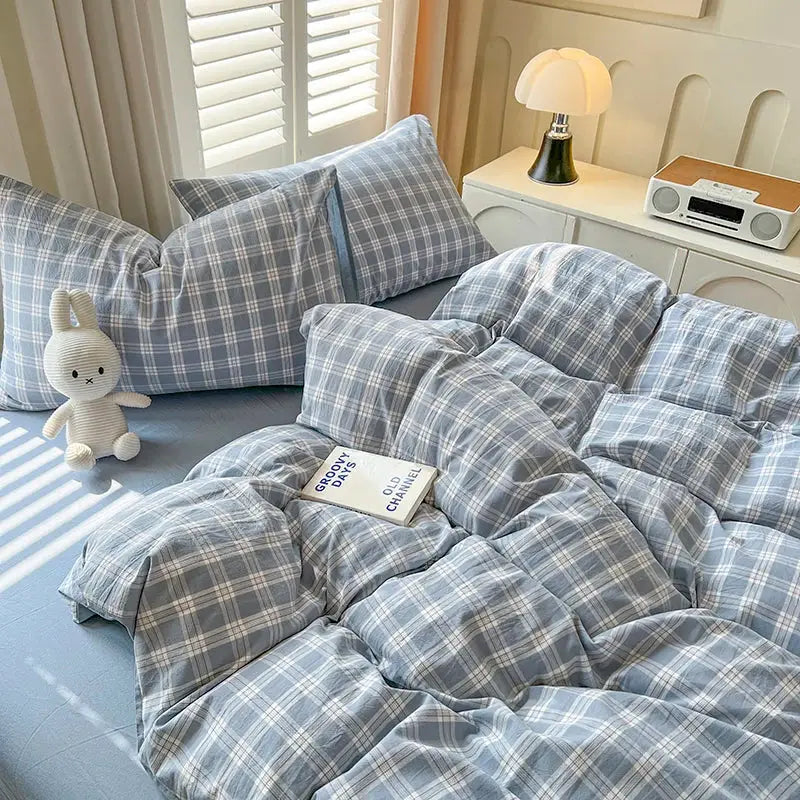 Luxurious blue & white plaid bedding set bedroom duvet cover