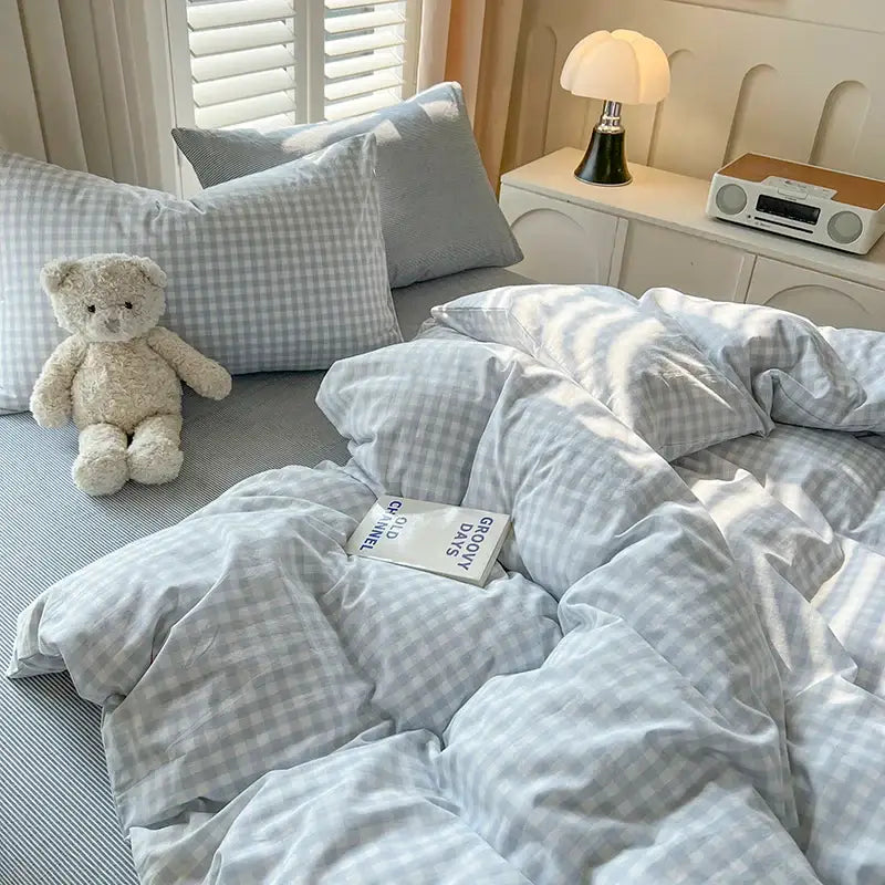 Luxurious blue & white plaid bedding set bedroom duvet cover