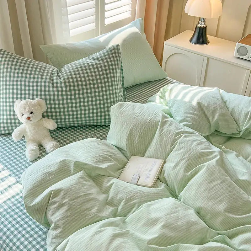 Luxurious blue & white plaid bedding set bedroom duvet cover