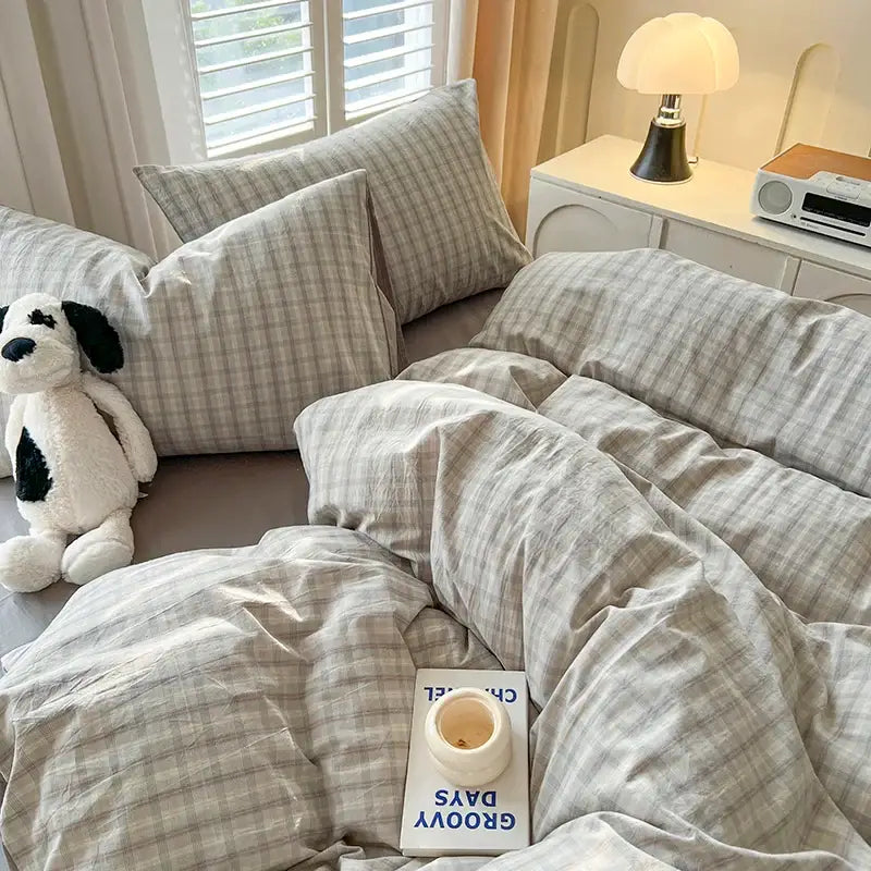 Luxurious blue & white plaid bedding set bedroom duvet cover