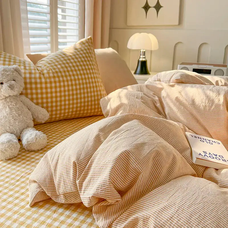 Luxurious blue & white plaid bedding set bedroom duvet cover