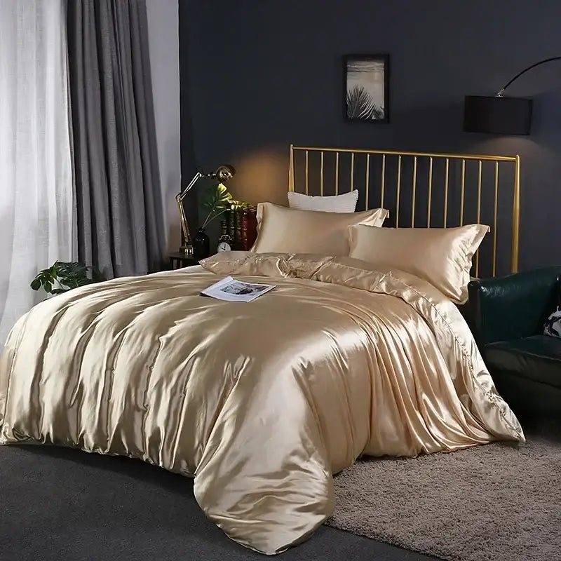 Luxurious copper satin duvet cover and bed sheet set bedroom