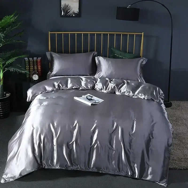 Luxurious olive green satin duvet cover set bedroom bed sheet