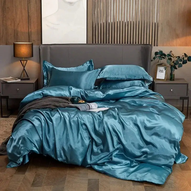 Luxurious olive green satin duvet cover set bedroom bed sheet