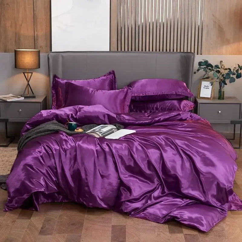 Luxurious gray silk satin duvet cover set bedroom bedding