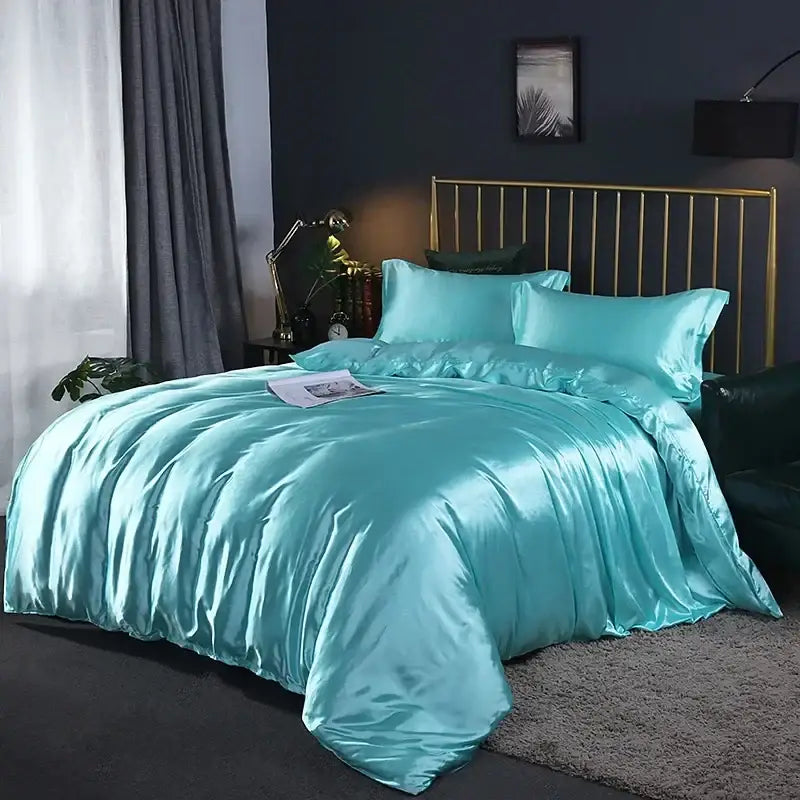 Luxurious crimson satin duvet cover and bed sheet bedroom set