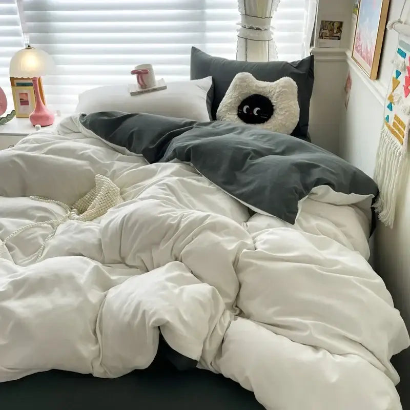 Luxurious white & dark gray cotton bedding set – bedroom duvet cover