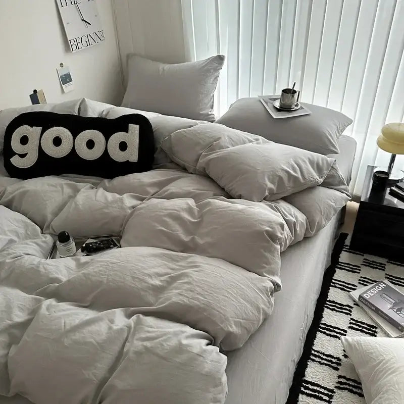 Quilted gray cotton bedding set bedroom duvet cover