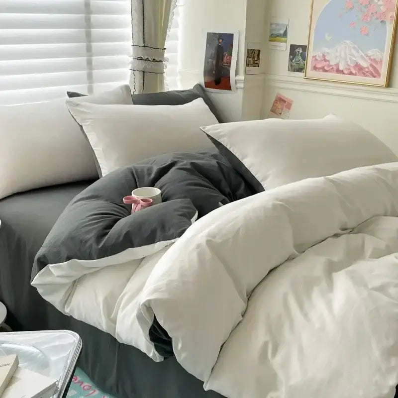 Luxurious white & dark gray duvet cover bedding set bedroom