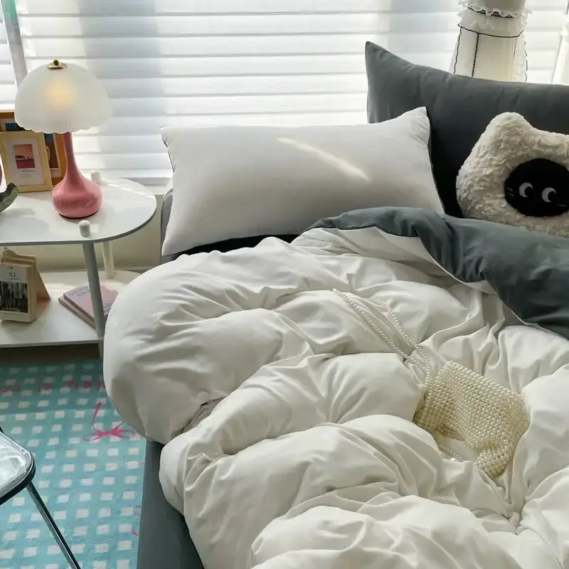 Luxurious white & dark gray duvet cover bedding set bedroom