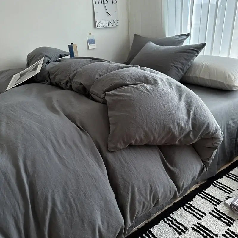Quilted gray cotton bedding set bedroom duvet cover