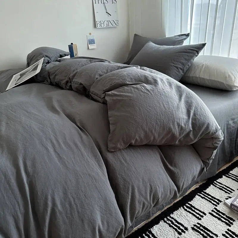 Quilted gray cotton bedding set bedroom duvet cover