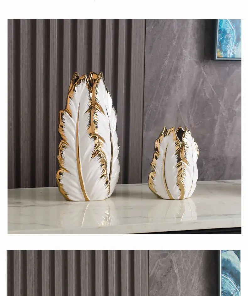 Luxurious gold ceramic feather vase white & gold living room decor