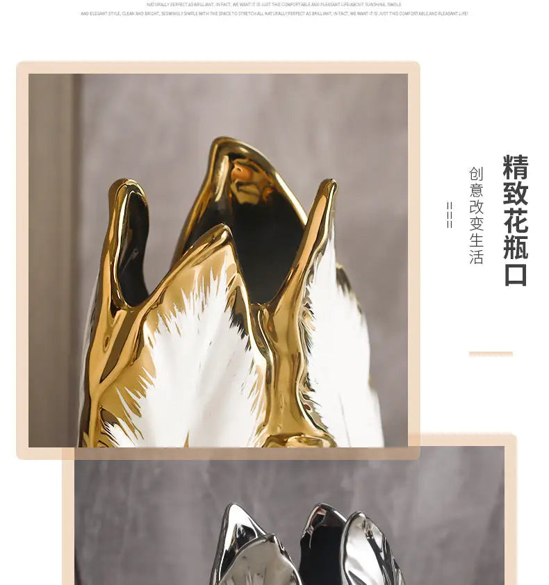 Luxurious gold ceramic feather vase white & gold living room decor