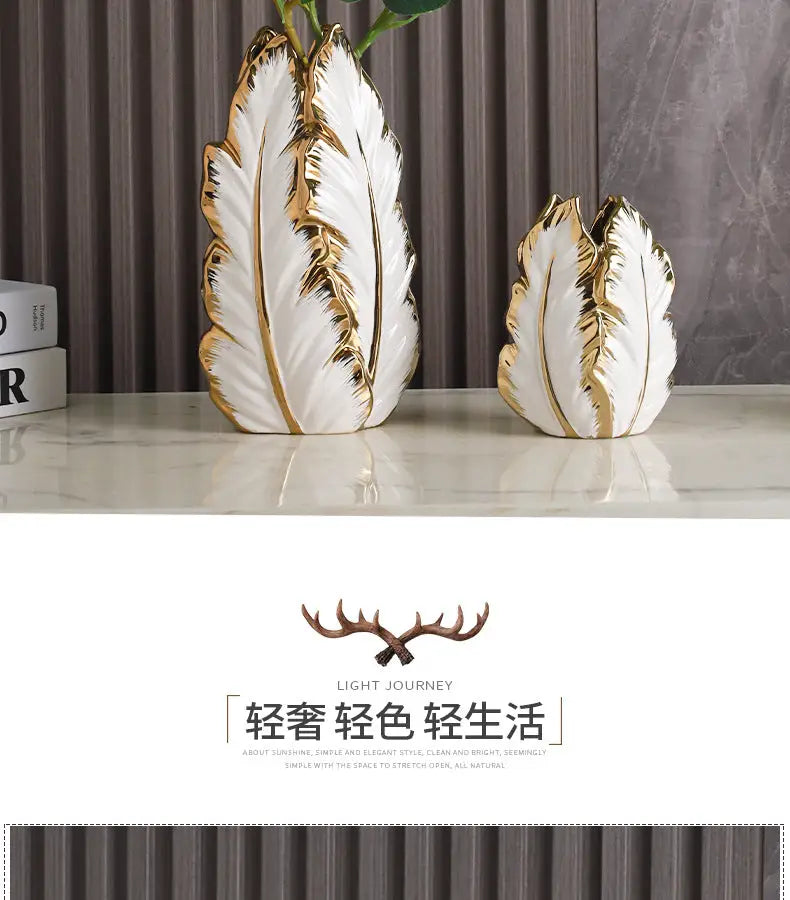 Luxurious gold ceramic feather vase white & gold living room decor