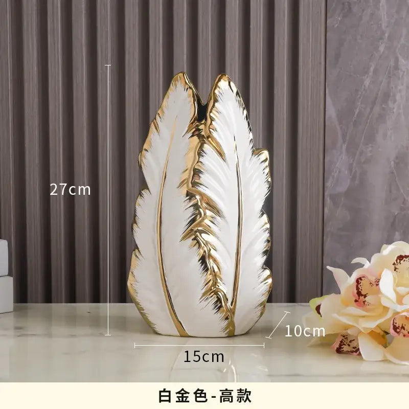 Luxurious gold ceramic feather vase white & gold living room decor