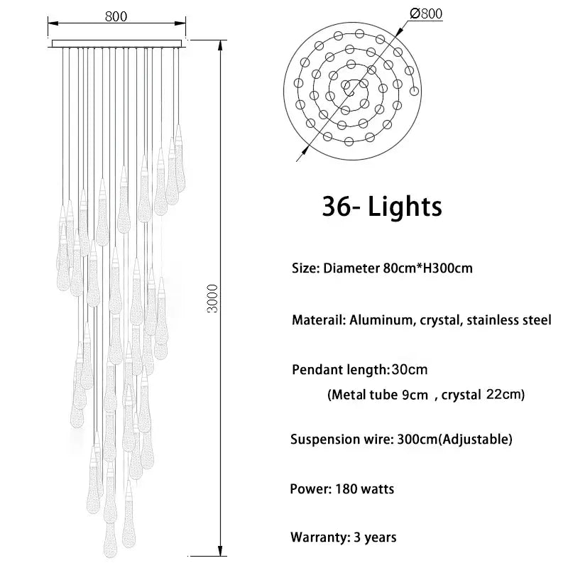 Modern gold crystal light chandelier staircase cascading glass teardrop