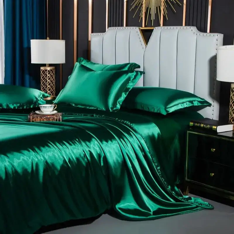 Luxurious teal glossy satin duvet cover bedroom bedding set