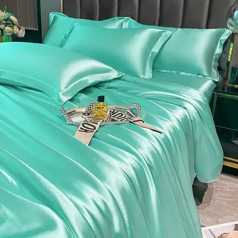 Luxurious teal glossy satin duvet cover bedroom bedding set
