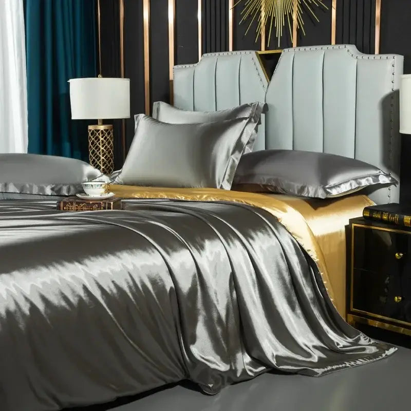 Luxurious pink satin duvet cover set bedroom silk bedding