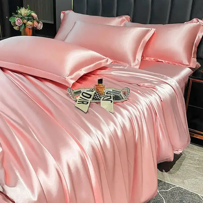 Luxurious pink satin duvet cover bedroom bedding set