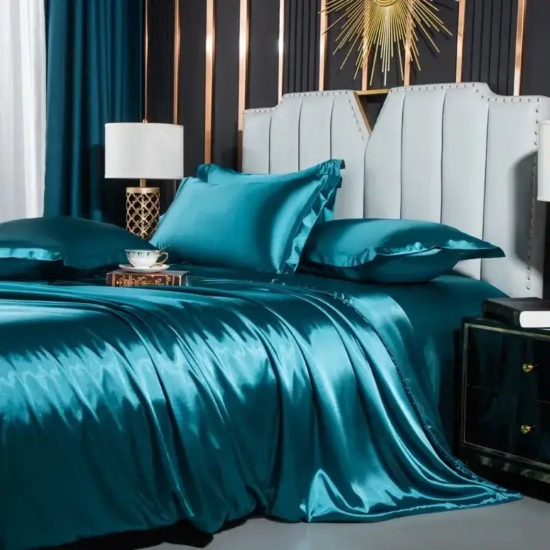 Luxurious gold satin duvet cover set bedroom silk bed sheet