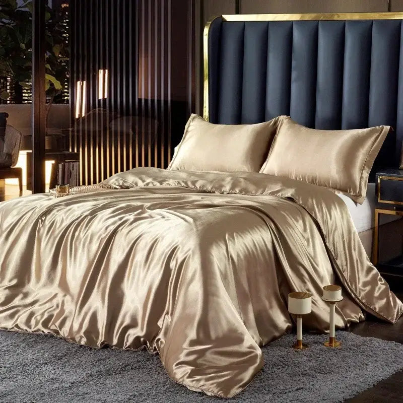 Luxurious bronze satin bedding set – bedroom duvet cover with gold trim