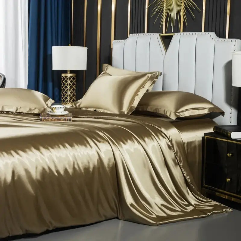 Golden satin silk duvet cover set bedroom luxury bedding