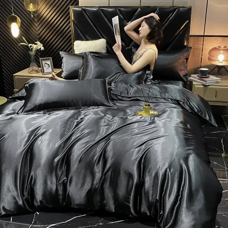 Lavender satin rayon silk duvet cover king size bedroom bedding set