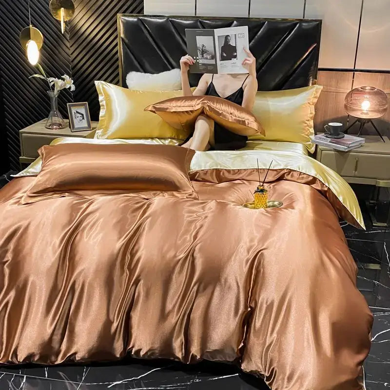 Luxurious pink satin 4 pcs duvet cover bedding set bedroom