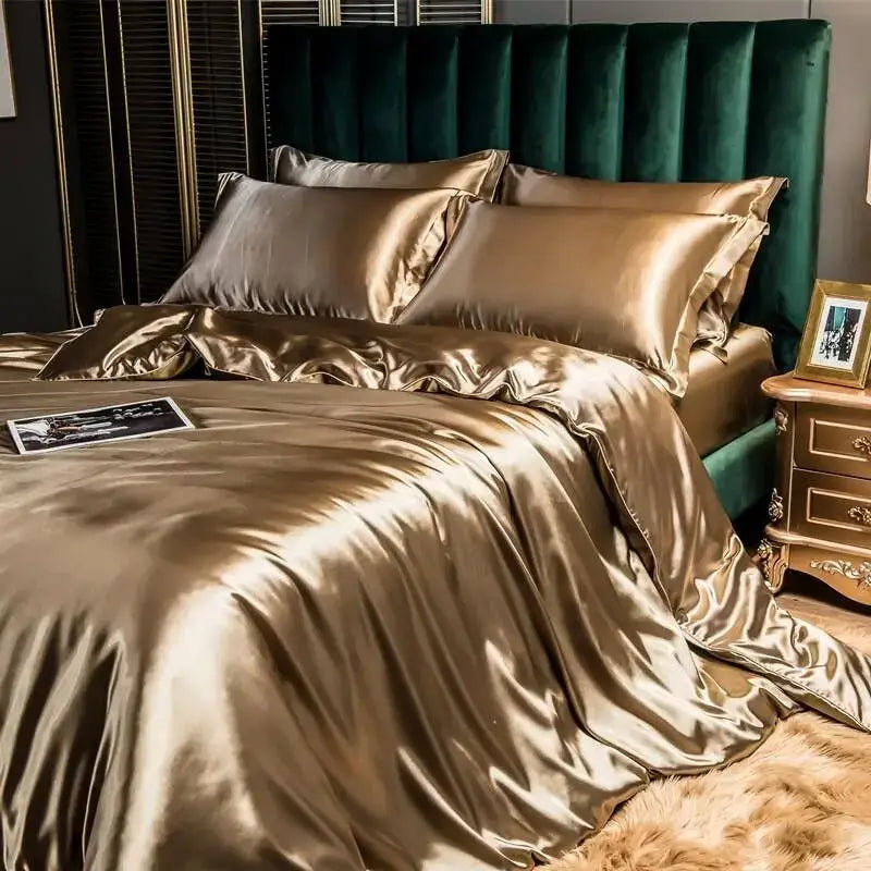 Luxurious gold satin duvet cover bedroom king size bedding set