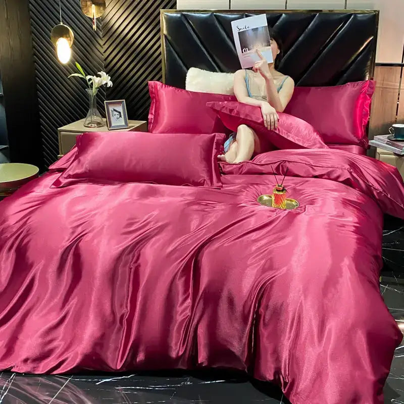Luxurious pink satin 4 pcs duvet cover bedding set bedroom