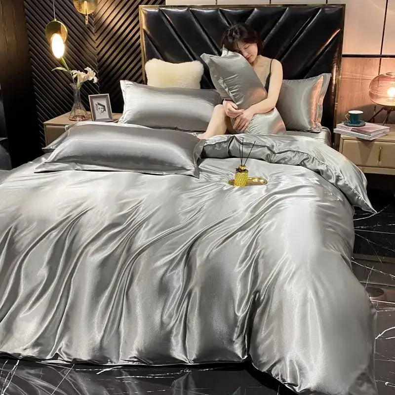 Luxurious golden rayon silk duvet cover bedroom bedding set